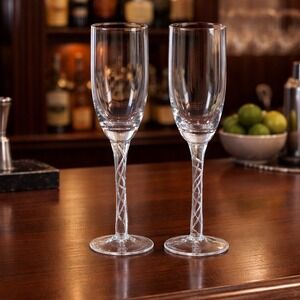 Vintage Clear Crystal Champagne Flutes Set of 2 Twisted Stem